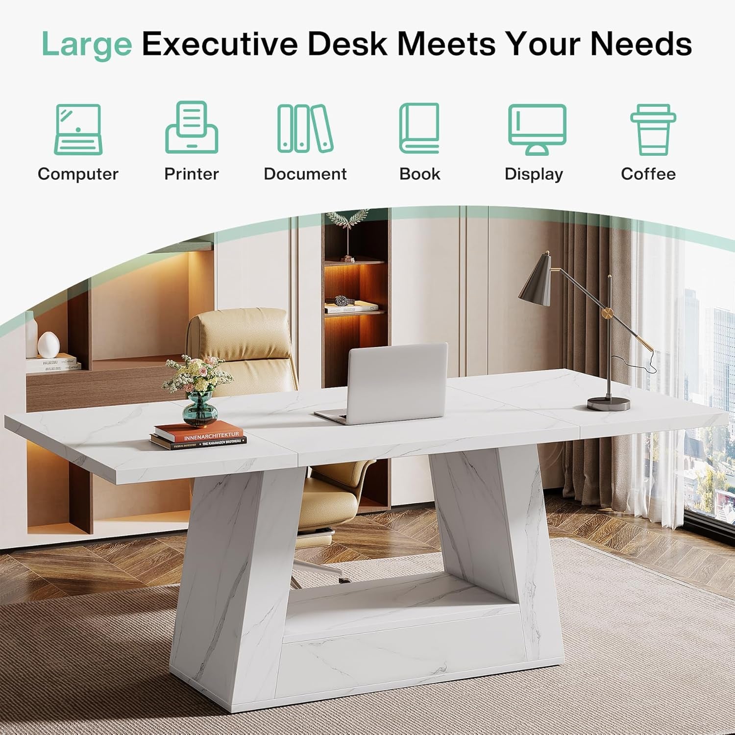 Modern Computer Desk, 63-Inch Large Office Desk Workstation, Simple Style Executive Desk Study Table with Sturdy Base, Wooden Faux Marble Writing Desk for Home Office, White