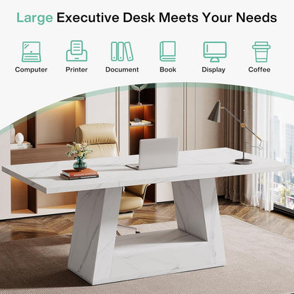 Modern Computer Desk, 63-Inch Large Office Desk Workstation, Simple Style Executive Desk Study Table with Sturdy Base, Wooden Faux Marble Writing Desk for Home Office, White