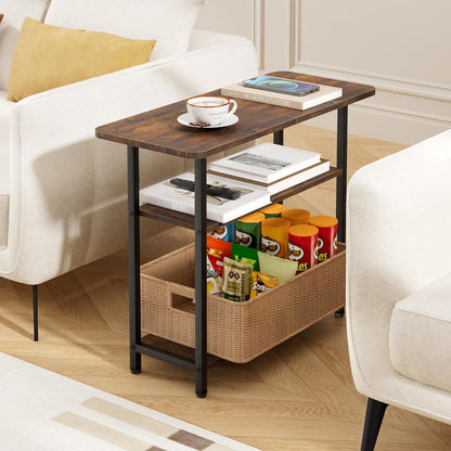 Side Table for Living Room, 3-Tier End Table for Small Space with Wide Storage Tabletop, Rustic Brown Narrow Nightstand for Bedroom, Sofa Couch