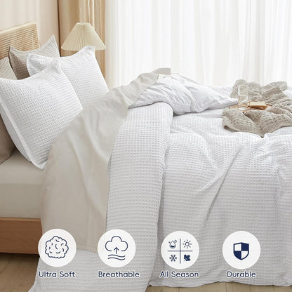 Waffle Weave Duvet Cover Set King Size, No Snagging Ultra Soft Luxury Textured Breathable Comforter Cover for All Season 3Pcs, Durable Bedding Duvet Set with 2 Pillow Shams, 104"X90", White