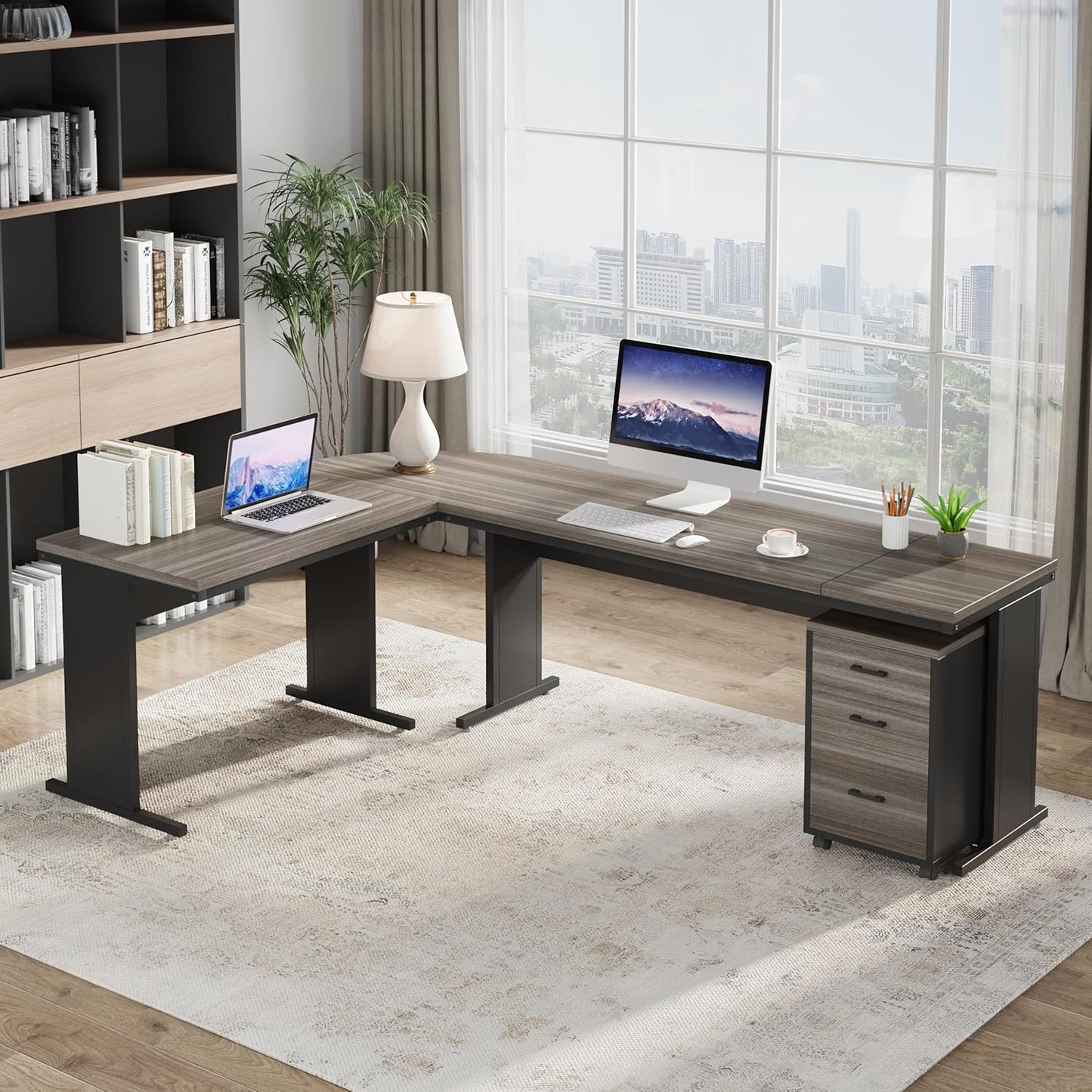 83" L-Shaped Executive Desk, Reversible Modern Office Desk with Drawers & Rolling File Cabinet, Large Corner Computer Desk Business Workstation for Home Office (Gray)