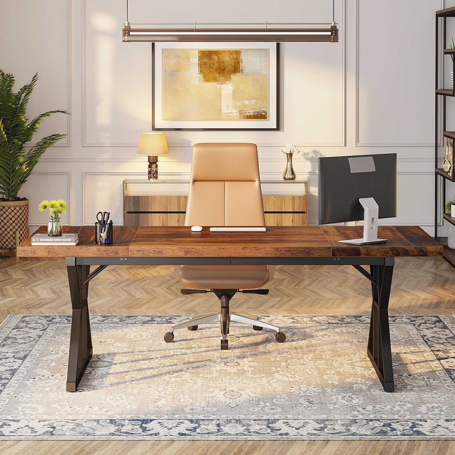 70.8-Inch Executive Desk, Large Computer Office Desk Workstation, Modern Simple Style Laptop Desk Study Writing Table Business Furniture for Home Office (Brown/Black, 70.8 Inch)