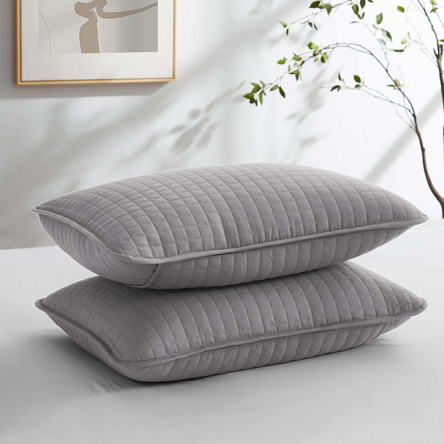 Pillow Shams King Size Set of 2, Large 20"X36" Decorative Grey Pillow Covers for King Size Pillows, Luxury Quilted Sham Covers to Match Quilt Bedding Set, Steel Grey