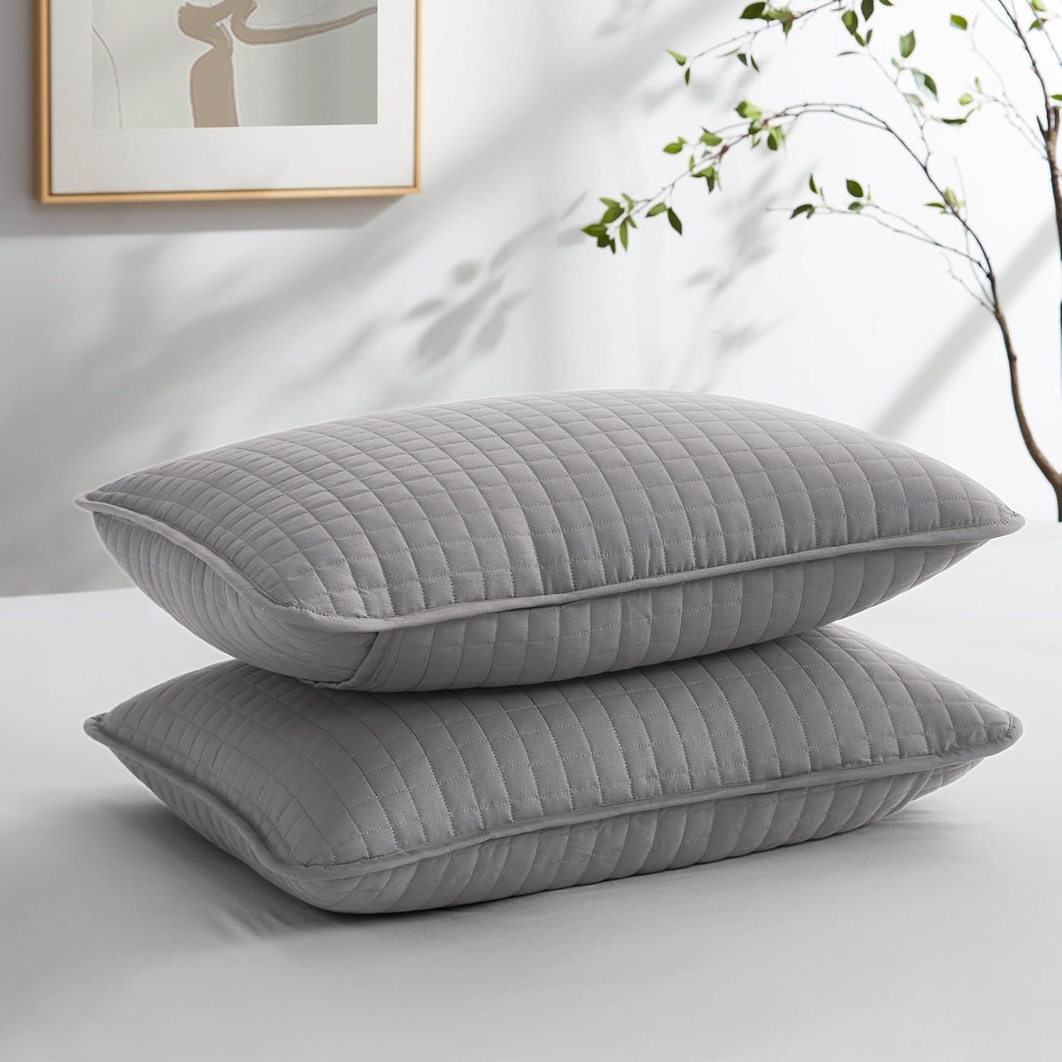 Pillow Shams King Size Set of 2, Large 20"X36" Decorative Grey Pillow Covers for King Size Pillows, Luxury Quilted Sham Covers to Match Quilt Bedding Set, Steel Grey