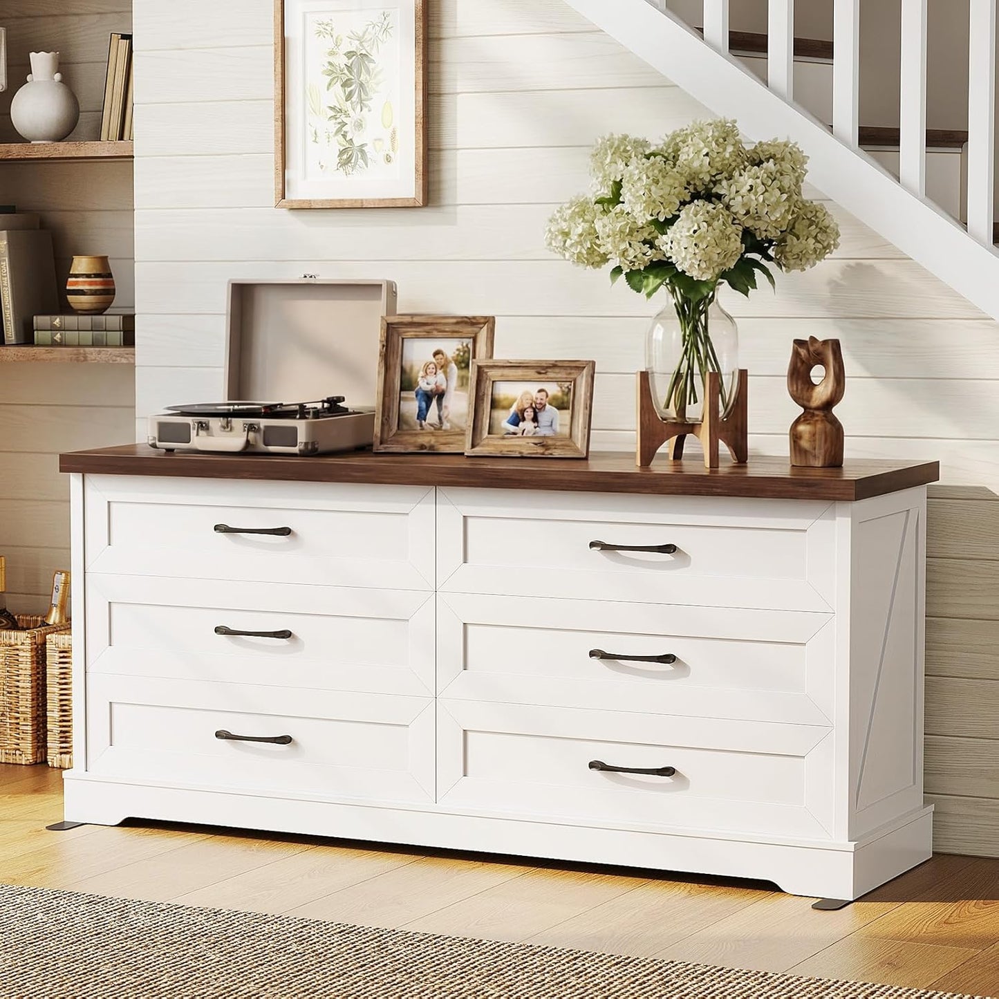 Farmhouse 6-Drawer Dresser for Bedroom, Heavy-Duty Storage Chest with Extra Thick Boards & Metal Handles, Sturdy Chest of Drawers, Anti-Tipping Safety Certified, White & Walnut
