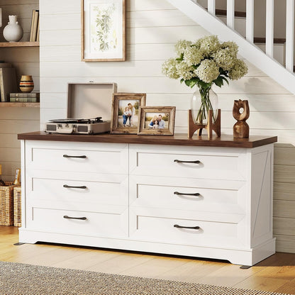 Farmhouse 6-Drawer Dresser for Bedroom, Heavy-Duty Storage Chest with Extra Thick Boards & Metal Handles, Sturdy Chest of Drawers, Anti-Tipping Safety Certified, White & Walnut