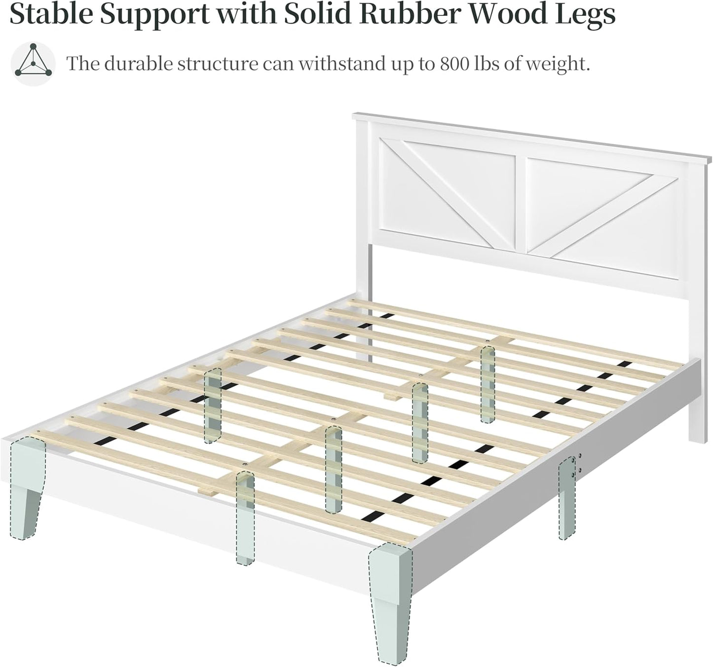 Wood Bed Queen, Farmhouse White Rubberwood Platform Bed Frame with V-Designed Headboard, Sturdy Wooden Support Slats, Holds up to 800 Pounds, Noise-Free, Easy Assembly