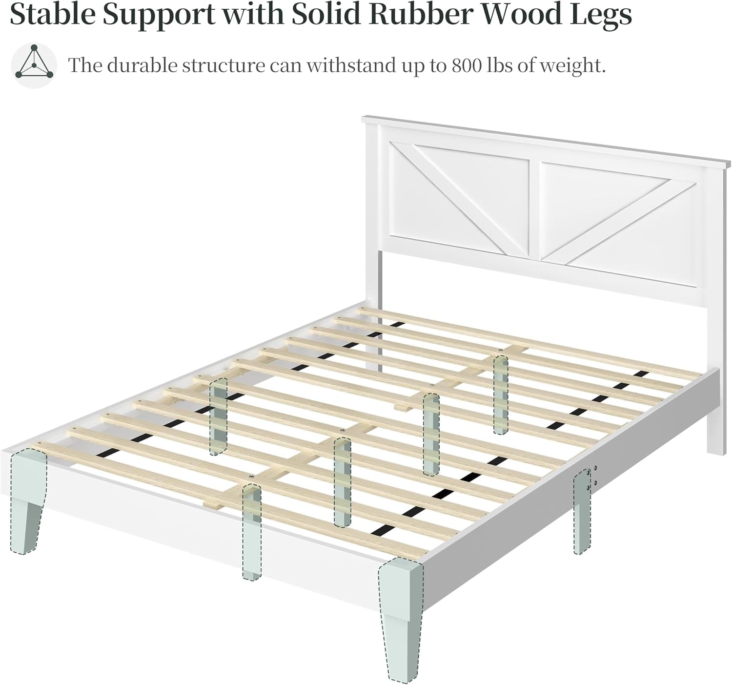 Wood Bed Queen, Farmhouse White Rubberwood Platform Bed Frame with V-Designed Headboard, Sturdy Wooden Support Slats, Holds up to 800 Pounds, Noise-Free, Easy Assembly