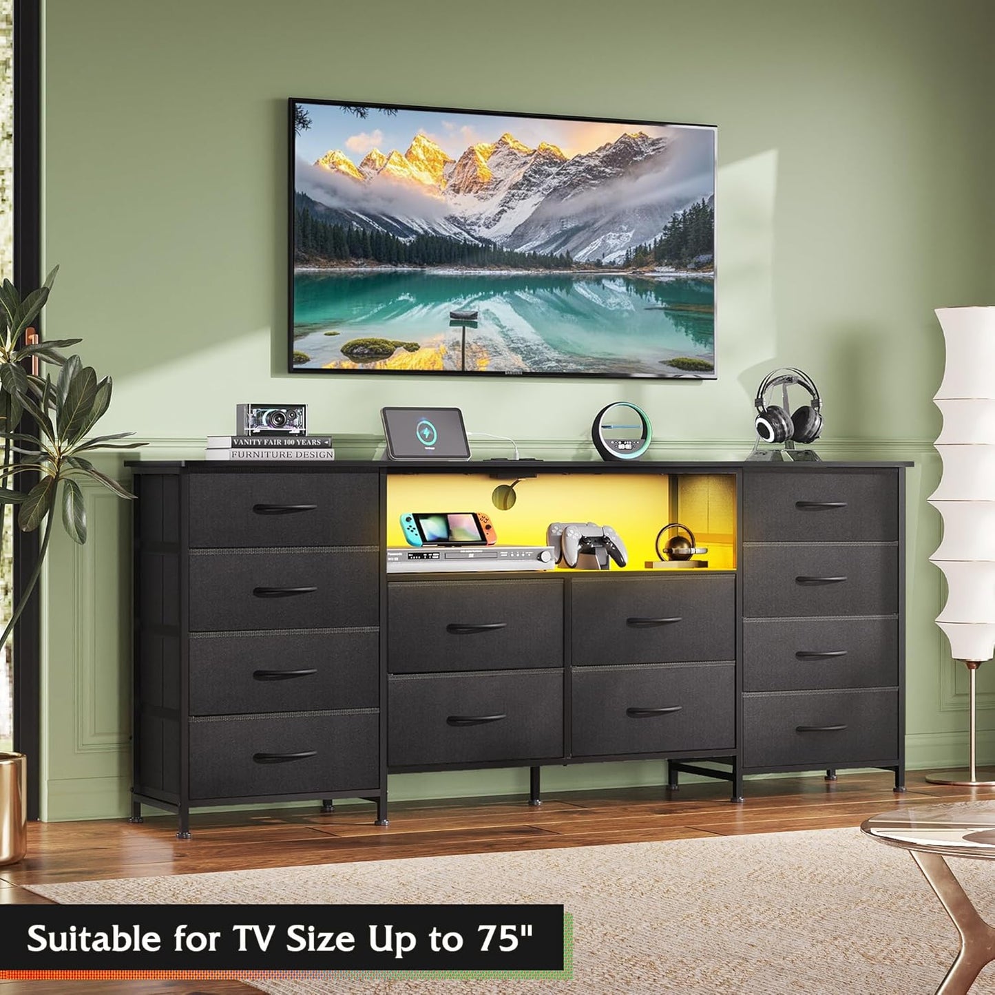12 Drawer Dresser for Bedroom, Black Dresser TV Stand for 65, 70, 75 Inch TV with Led Light & Charging Station, Wide Chest of Drawers with Open Shelves, Fabric Dressers for Closet, Living Room