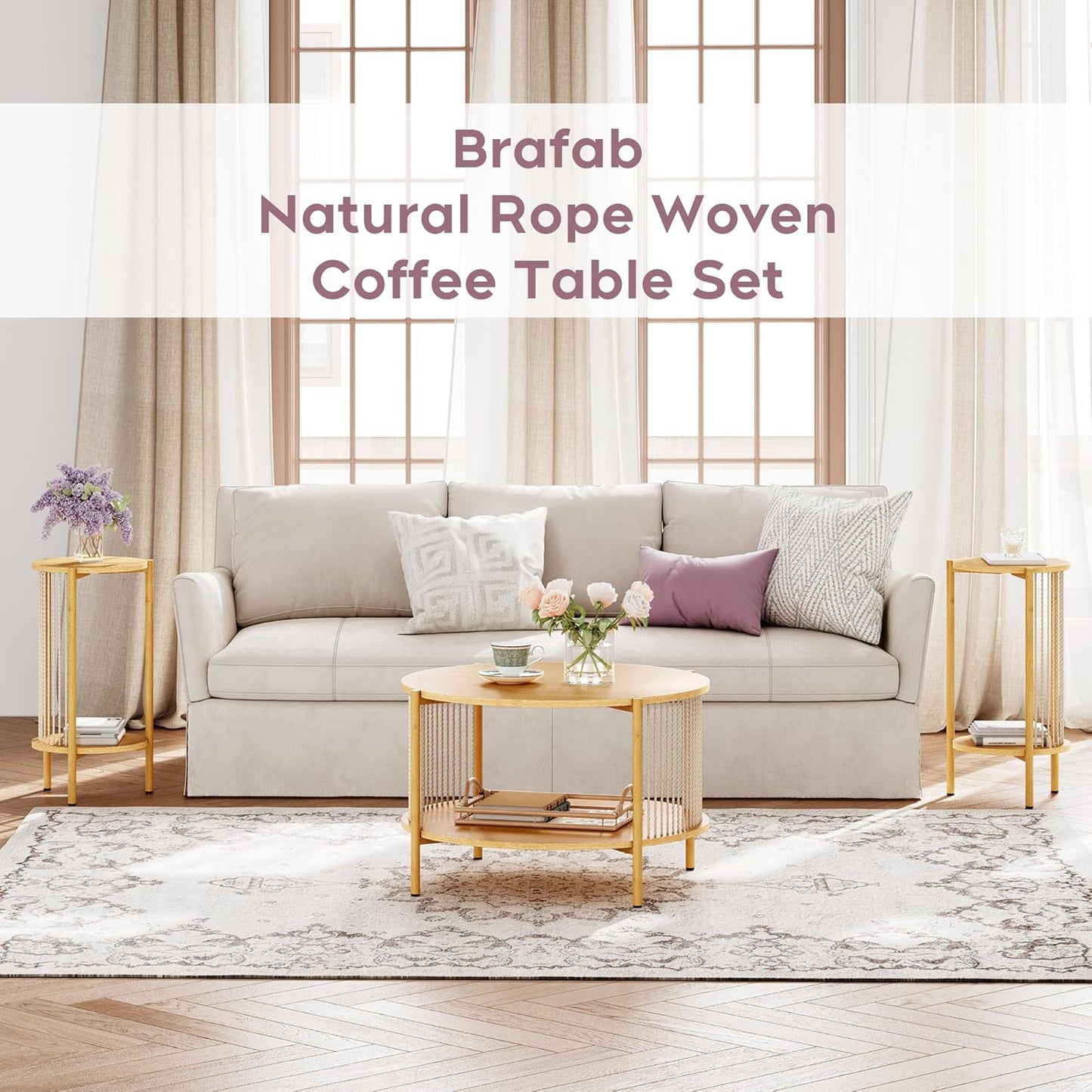 Natural Fiber Rope Coffee Table Set of 3 for Living Room, round Rattan Coffee Table and Two End Tables, Boho 2 Tier Modern Side Table with Metal Frame for Apartment Office (Natural)