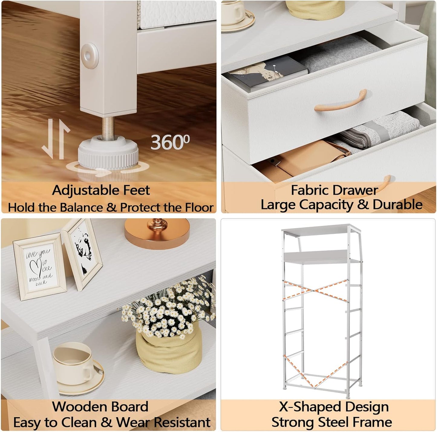White Dresser with 5 Drawers, Vertical Storage Tower Fabric Dresser for Bedroom, Hallway, Entryway, Nursery, Closet Organizer, Nightstand Bedside Table Furniture, Sturdy Steel Frame, Wood Top