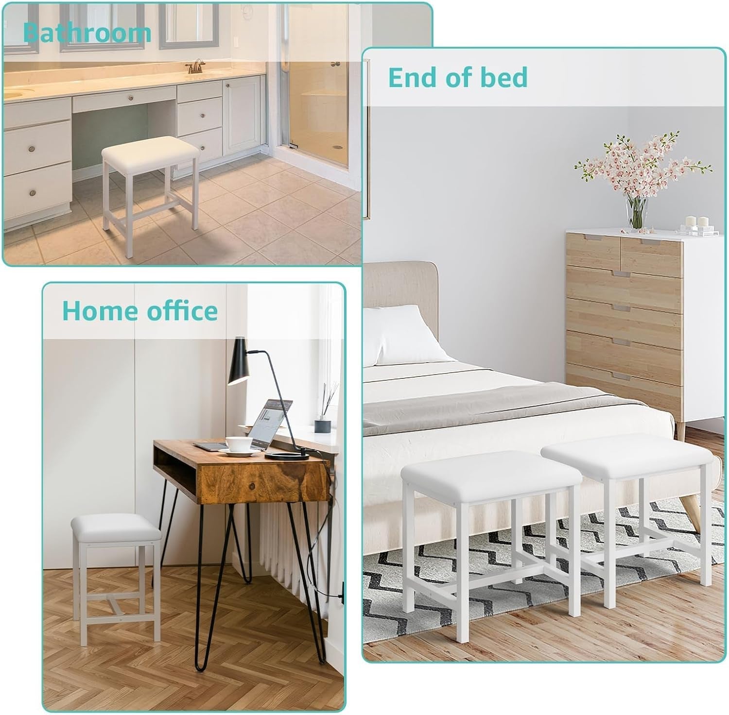 Small Vanity Stool, Cute Vanity Stools with Cushion, White Makeup Vanity Chair for Small Spaces, Living Room, Bedroom, Bathroom, Entryway, Ottoman Foot Rest for Couch Sillas Modern