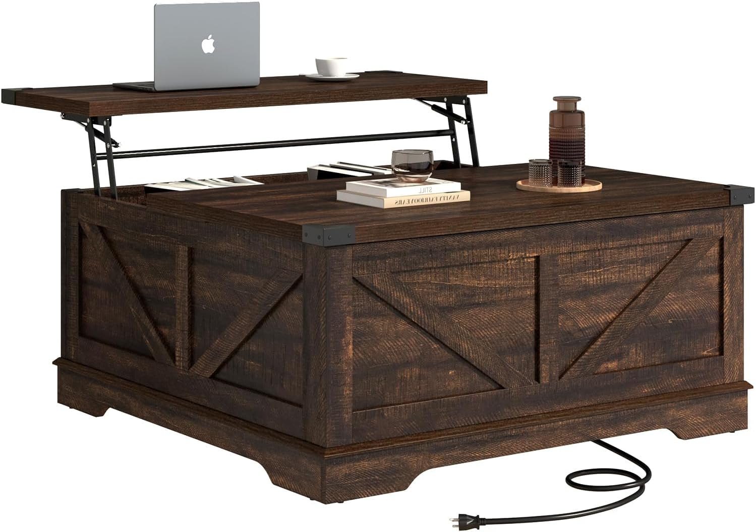 40” Large Farmhouse Lift Top Coffee Table with Power Outlets and Large Hidden Storage, Square Wood Living Room Tables, Multi-Function Lift Wooden Barn Door Center Table, Brown
