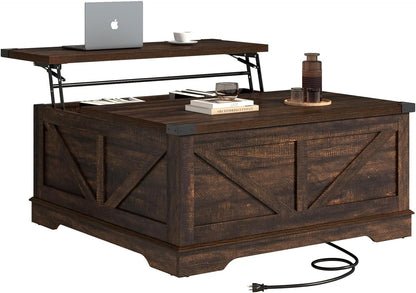 40” Large Farmhouse Lift Top Coffee Table with Power Outlets and Large Hidden Storage, Square Wood Living Room Tables, Multi-Function Lift Wooden Barn Door Center Table, Brown