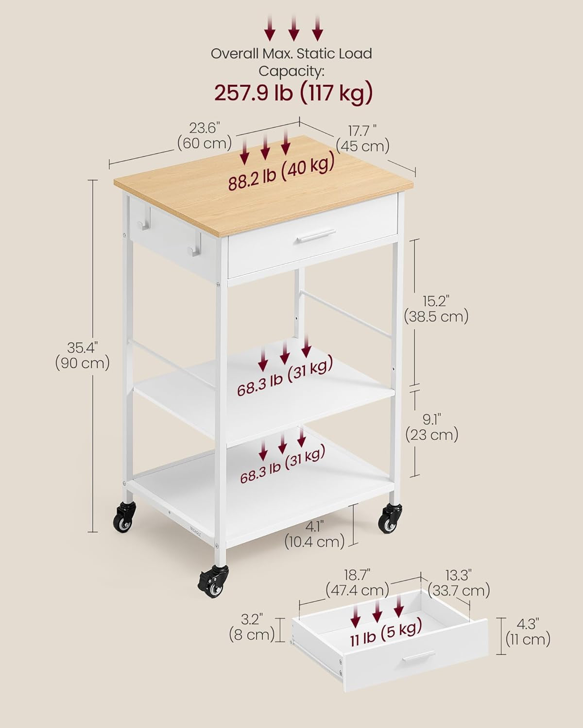 Kitchen Rolling Island, Mobile Kitchen Cart with Storage on Wheels, 17.7 X 23.6 X 35.4 Inches, Drawer, 2 Hooks, for Dining Room, Oak Beige and Matte White UKKI007Y01