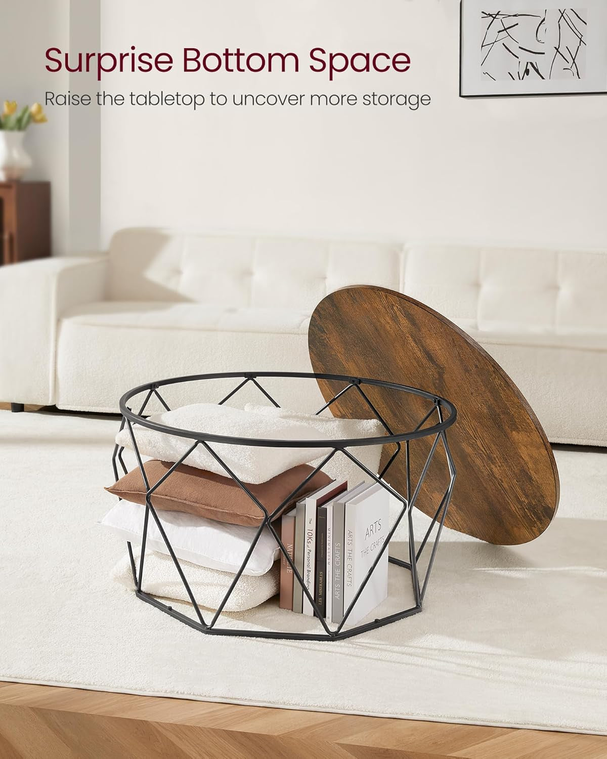 round Coffee Table for Living Room, Cage Cocktail Table with Steel Frame, 31.5 Inches Dia., Industrial Style, Rustic Brown and Black ULCT040B01