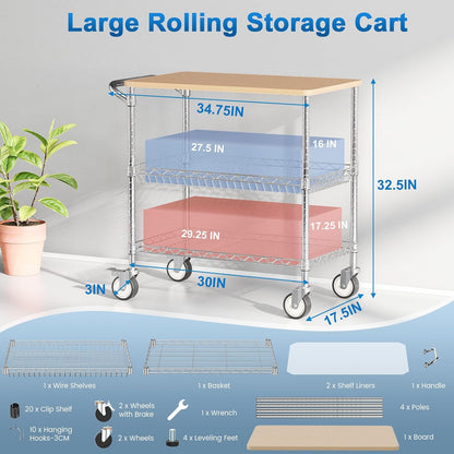Rolling Kitchen Carts with Wheels, 34" L X 17.5" W, 3-Tier Heavy Duty Utility Cart with Wood Tabletop, NSF Commercial Metal Serving Cart with Handle and Shelf Liner for Kitchen, Chrome