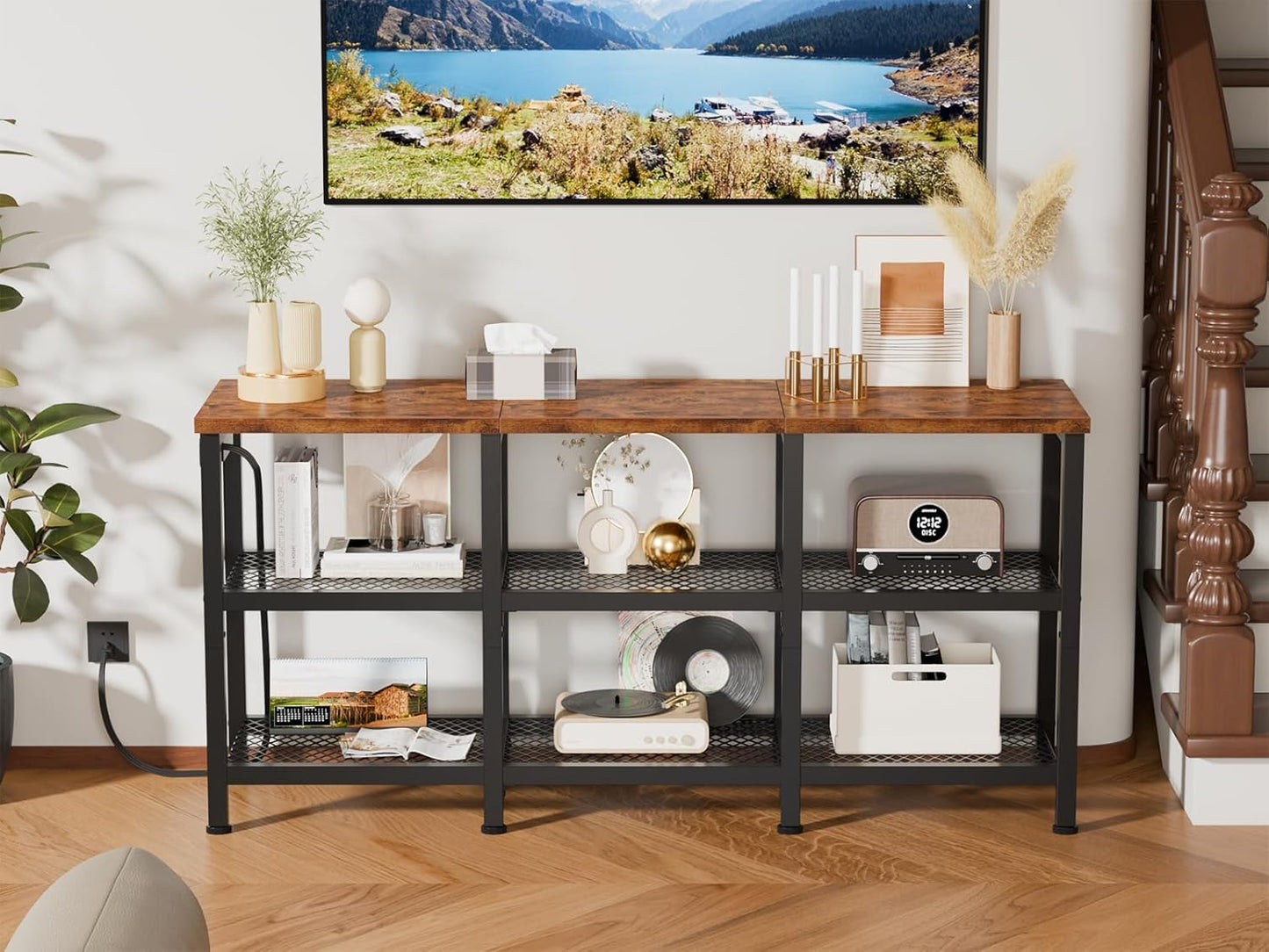 TV Stand with Power Outlets, Small Entertainment Center with Open Storage Shelves, Media Console Center for Tvs up to 50 Inch, Television Stands for Living Room/Bedroom, Rustic Brown
