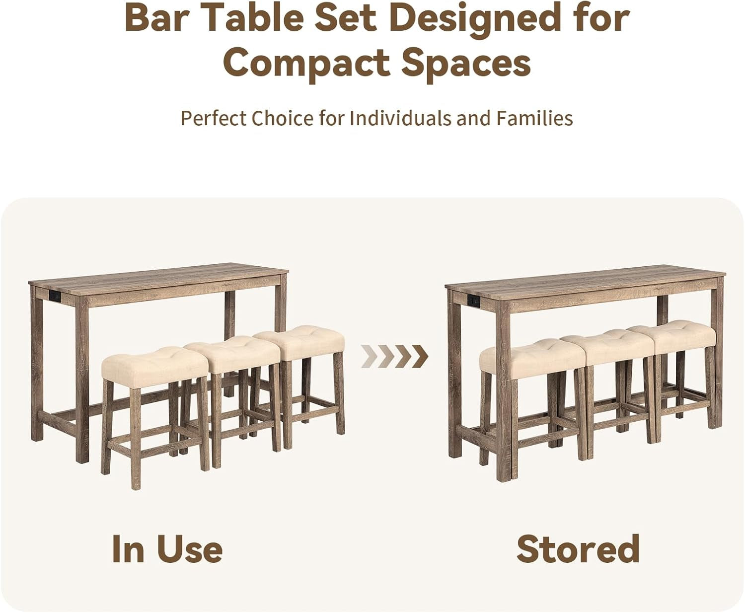 59" Counter Height Bar Table Set with Power Outlet, Industrial Breakfast Table with 3 Padded Stools, 4 Piece Bar Table and Chairs Set for Living Room, Dining Room, Brown