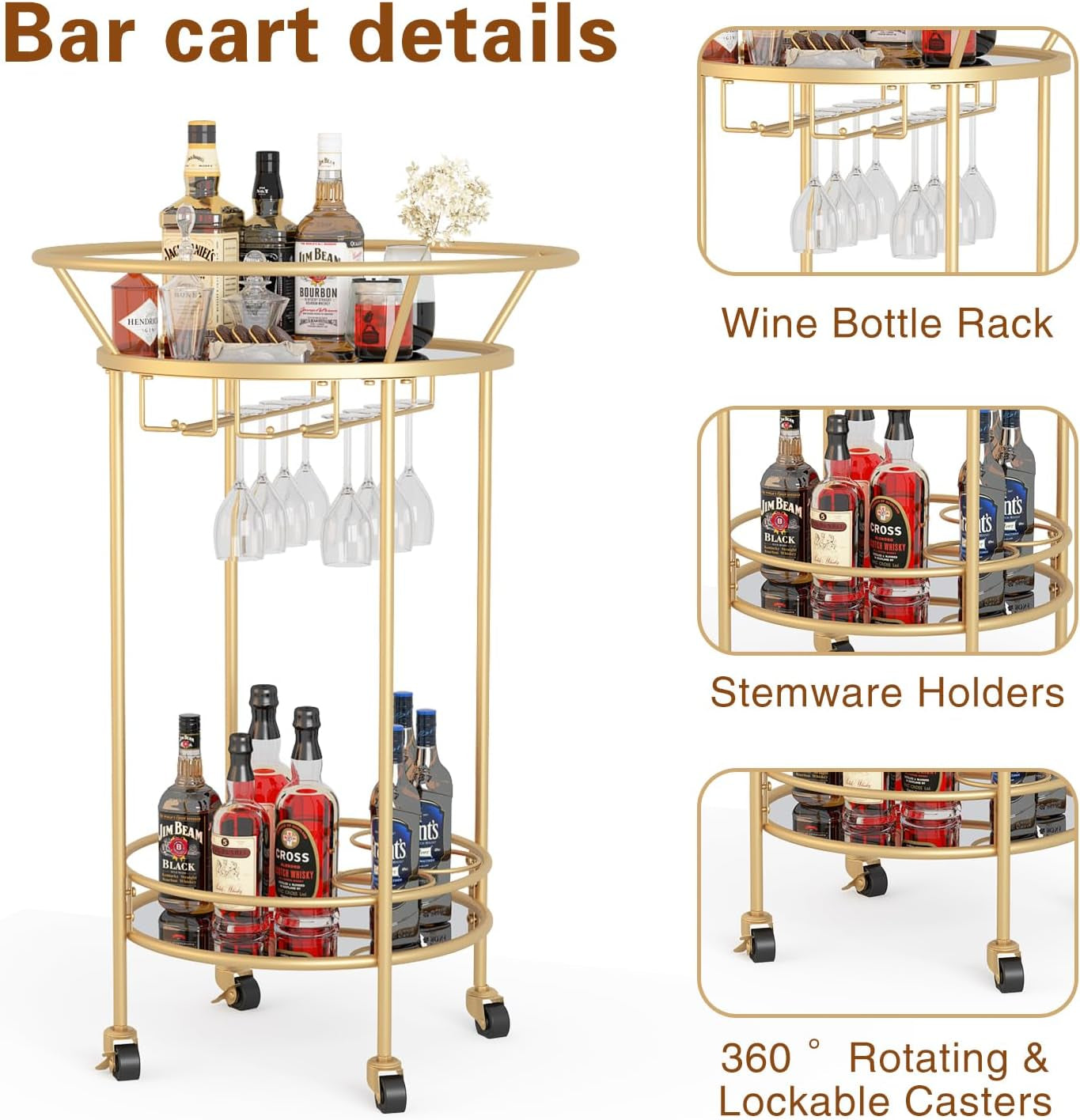 round Gold Rolling Bar Cart Wine Rack and Lockable Casters,2 Mirrored Shelves Serving Cart for Kitchen, Club, Living Room