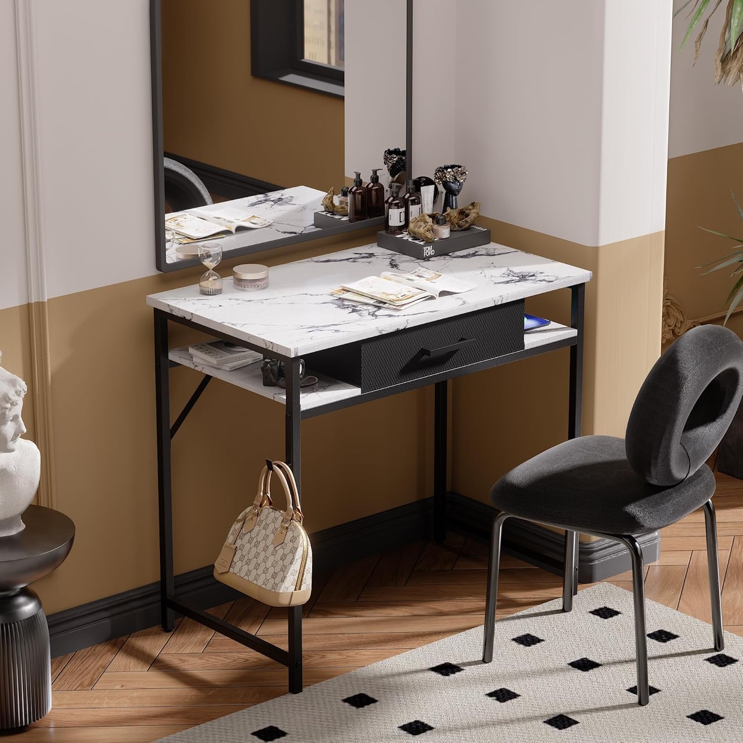 32 Inch Small Computer Desk with Drawer and Shelves Simple Study Work Table for Bedroom Marble