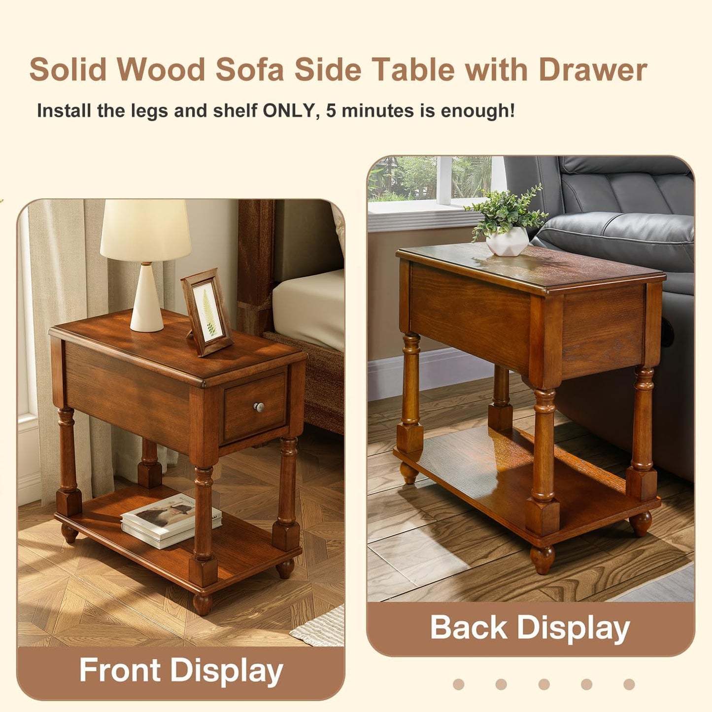 Solid Wood Narrow End Table with Drawer, Vintage Rectangle Sofa Side Table with Storage Shelf Mid-Century Apartment Slim Bedside Table for Small Spaces,13 * 22 * 22.3In