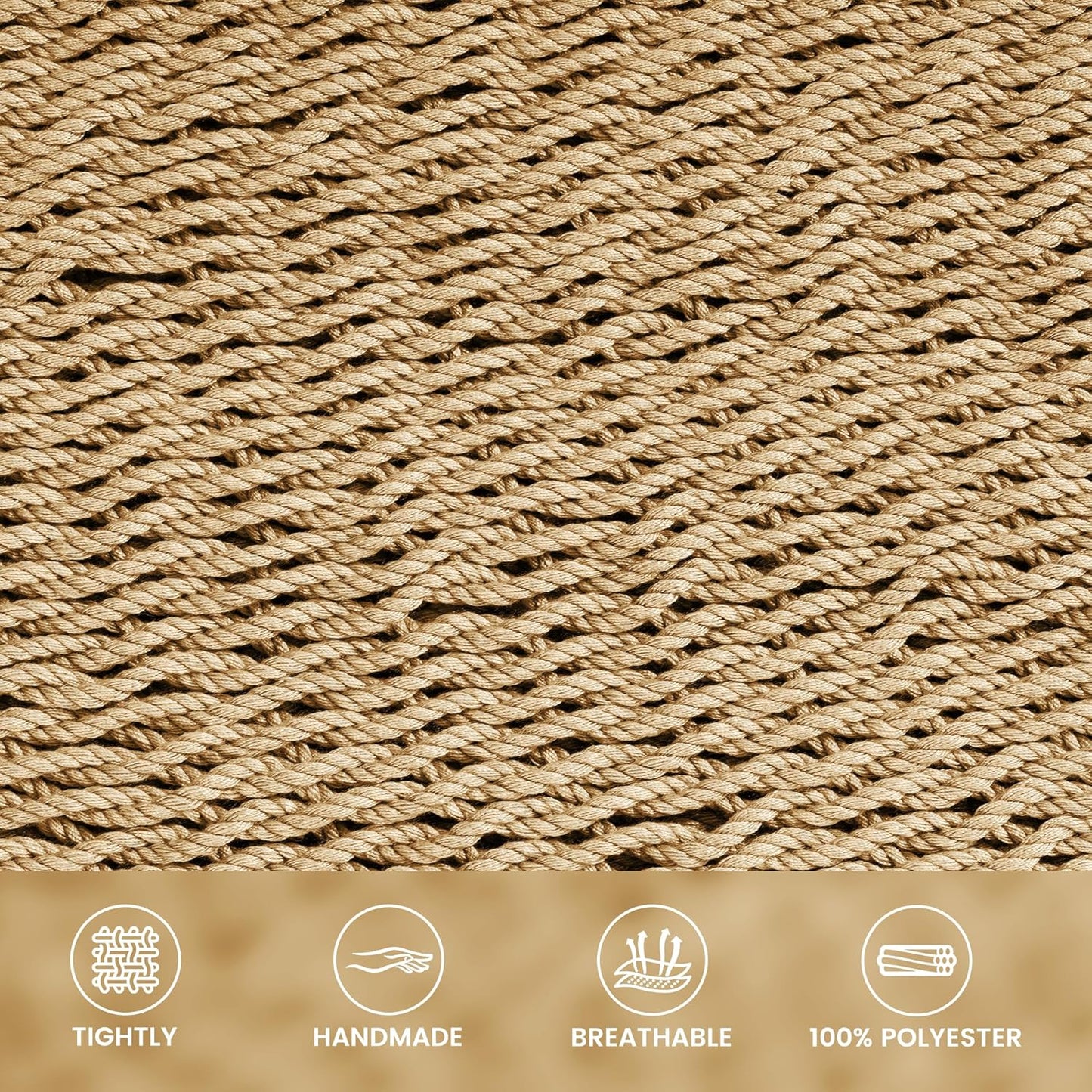 10.5 FT Double 2 Person Caribbean Rope Hammock, Hand Woven Polyester Hammock with Spreader Bars, for outside Outdoor Backyard Patio Poolside, 450 LBS Capacity, Tan