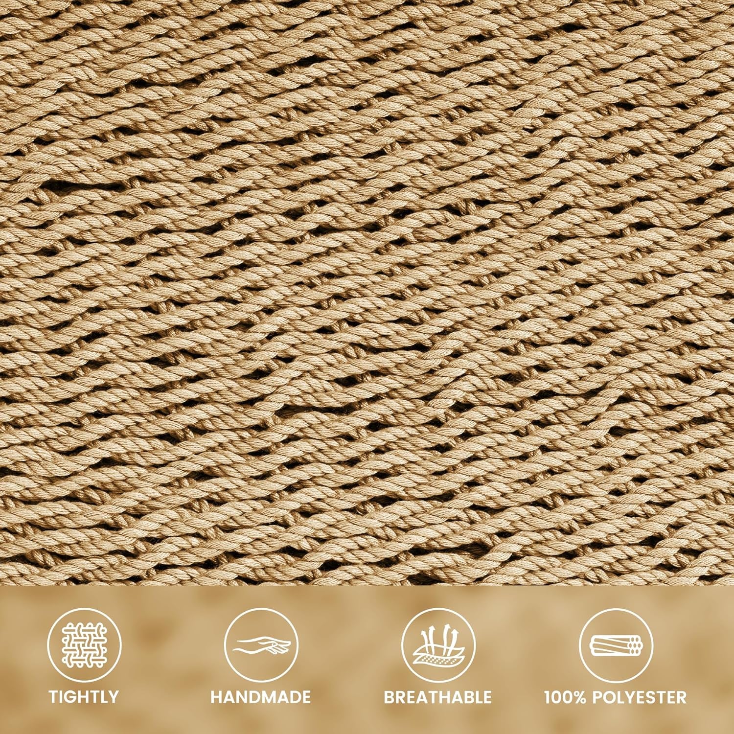 10.5 FT Double 2 Person Caribbean Rope Hammock, Hand Woven Polyester Hammock with Spreader Bars, for outside Outdoor Backyard Patio Poolside, 450 LBS Capacity, Tan