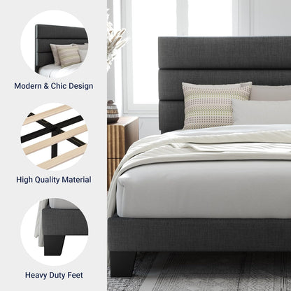 Queen Size Platform Bed Frame with Fabric Upholstered Headboard and Wooden Slats Support, Fully Upholstered Mattress Foundation/No Box Spring Needed/Easy Assembly, Dark Grey