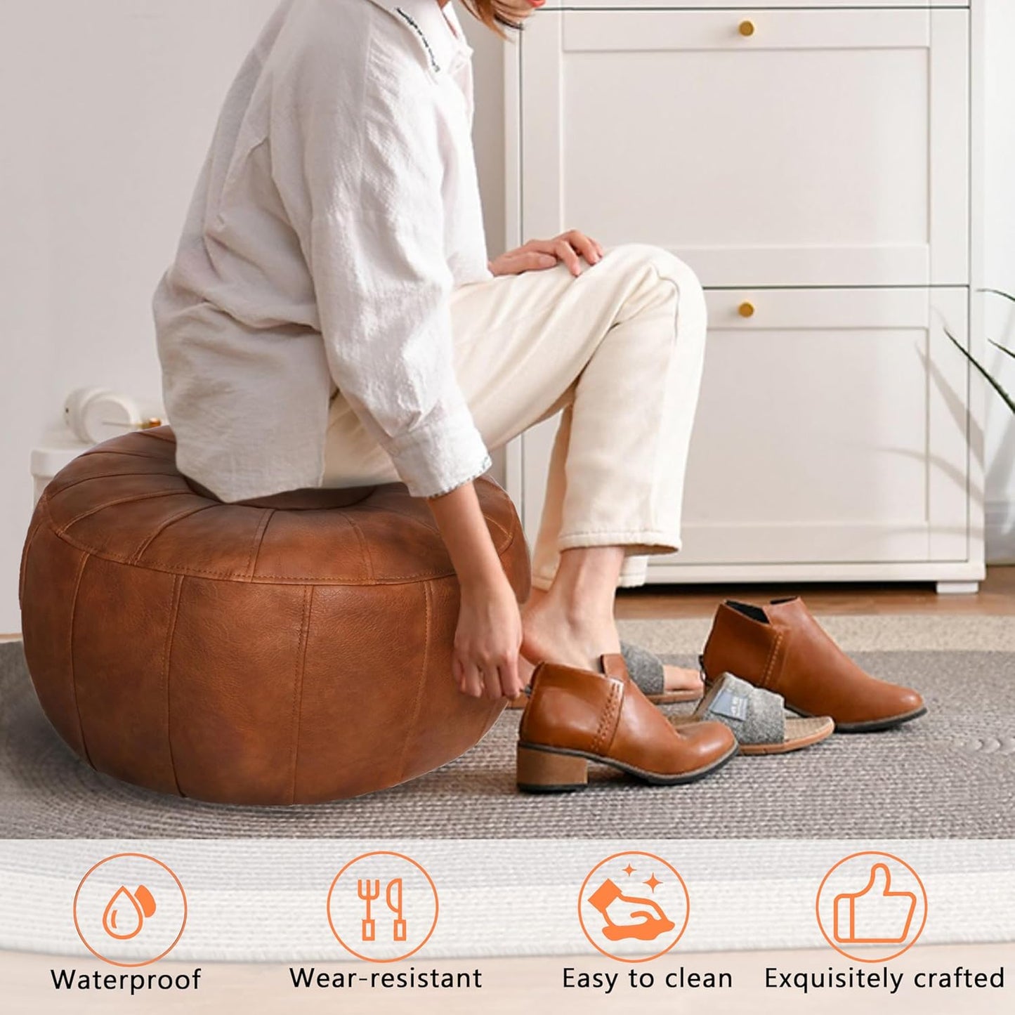 Unstuffed Moroccan Storage Pouf Foot Stool Ottoman Seat Handmade Faux Leather Bean Bag Floor Chair Foot Rest for Living Room, Bedroom or Balcony (Light Brown)