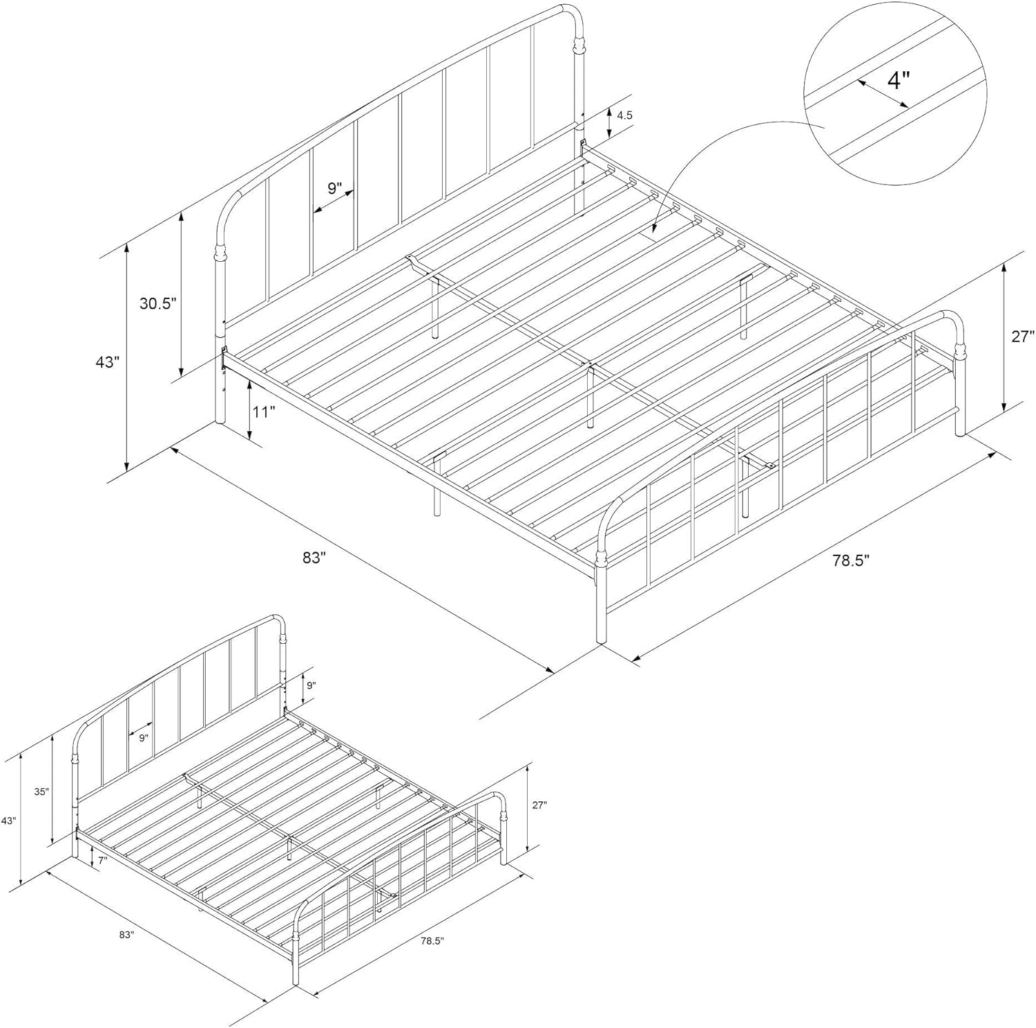 Lafayette Metal Platform Bed with Rustic Style Curved Headboard and Footboard, Adustable Base Height for Underbed Storage, No Box Spring Needed, King, Bronze
