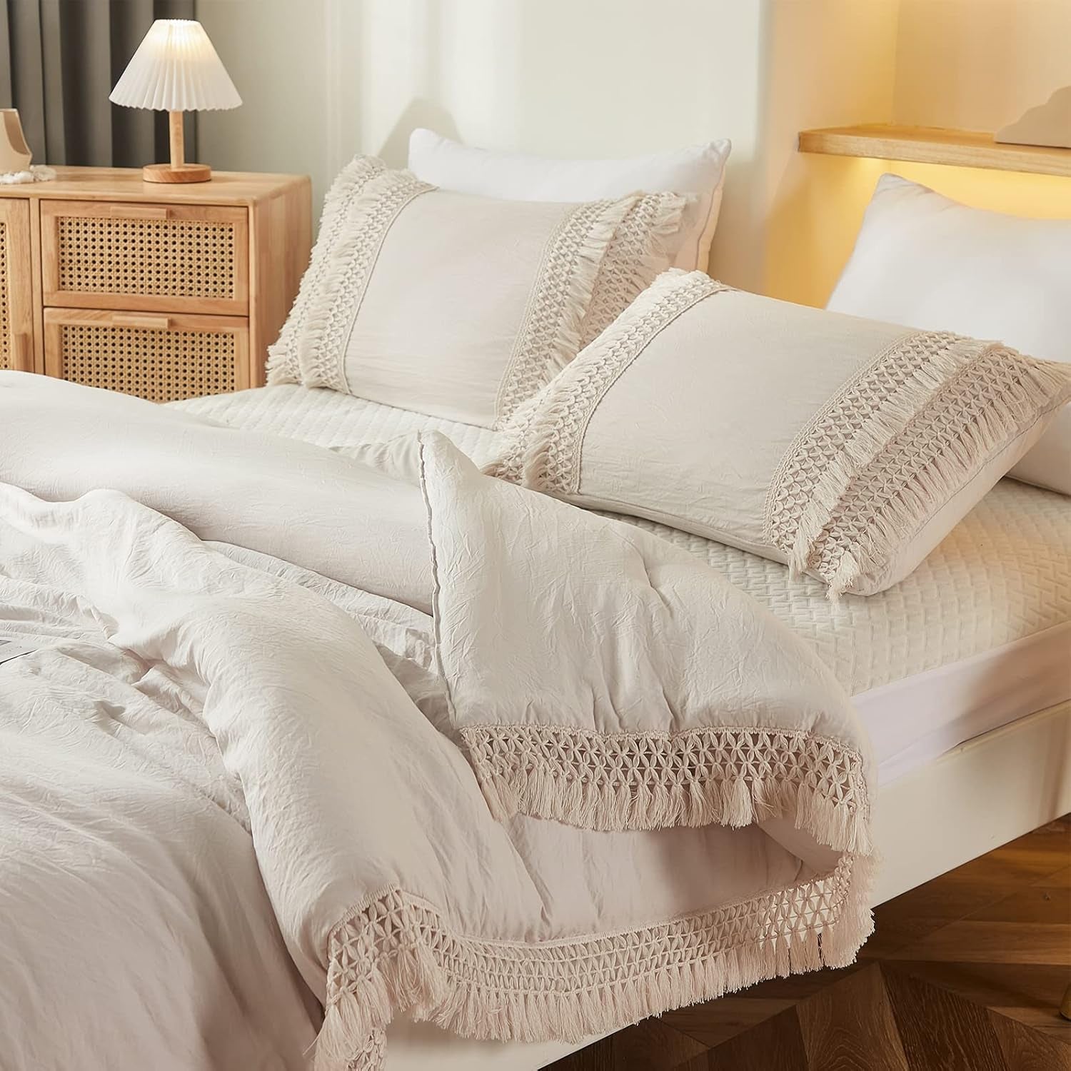 Beige Pillowcases, Macrame Tassel Pillow Cases Set of 2, 100% Washed Microfiber, Cream Decor Tassel Boho Pillow Cover, 2 Pack (King, Beige Tassel)