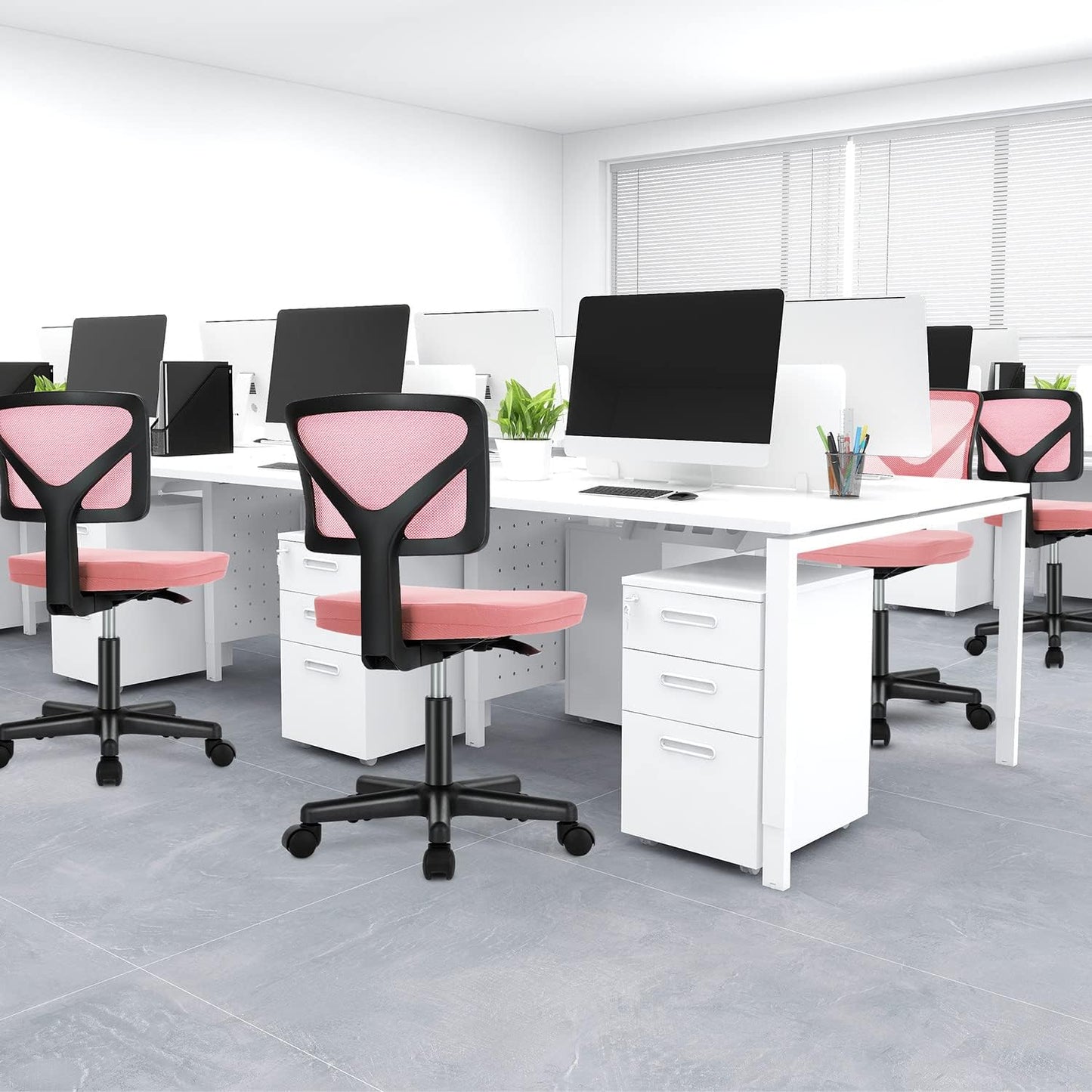 Armless Desk Chairs with Wheels, Ergonomic Adjustable Home Office Swivel Rolling Task Chair No Arms, Comfy Mesh Mid Back Computer Work Vanity Desk Seat for Small Spaces, Light Pink