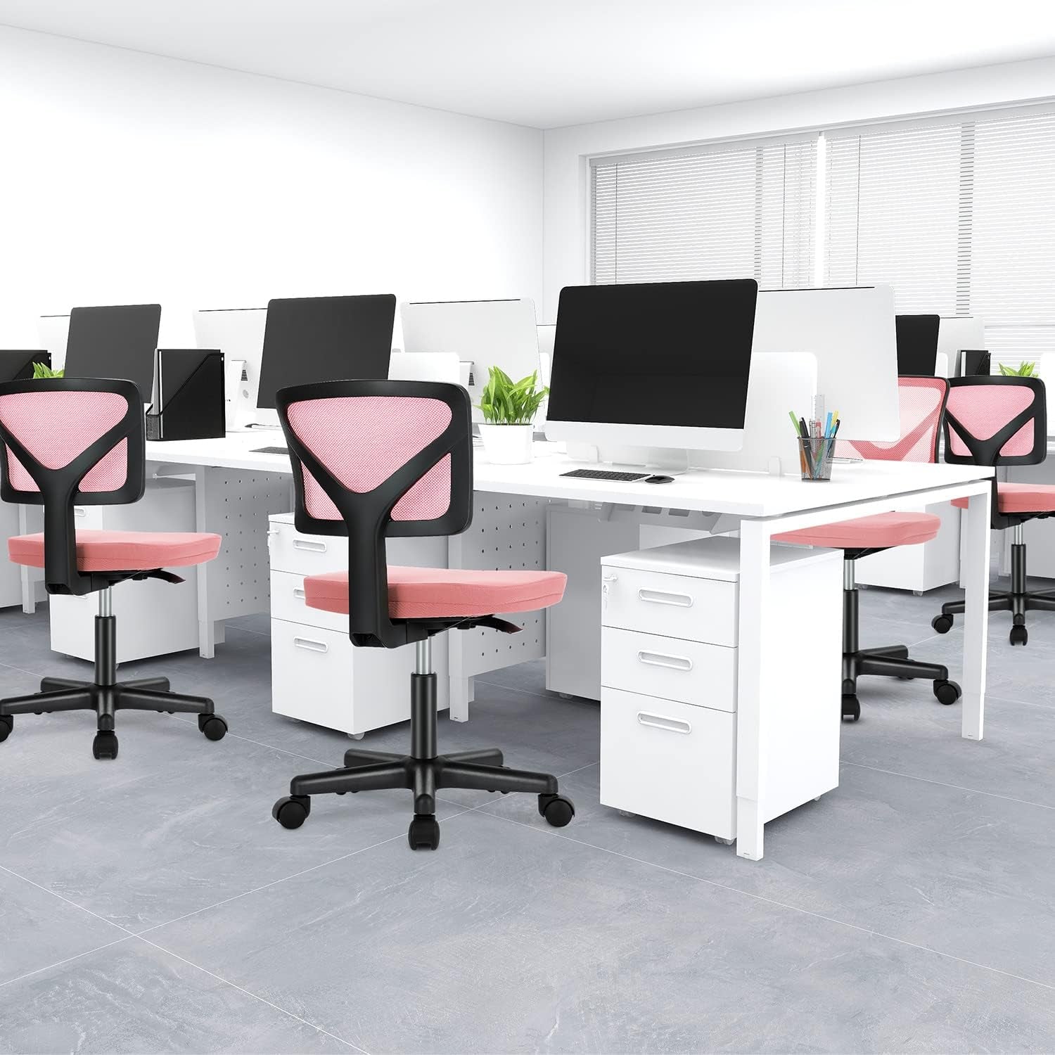 Armless Desk Chairs with Wheels, Ergonomic Adjustable Home Office Swivel Rolling Task Chair No Arms, Comfy Mesh Mid Back Computer Work Vanity Desk Seat for Small Spaces, Light Pink