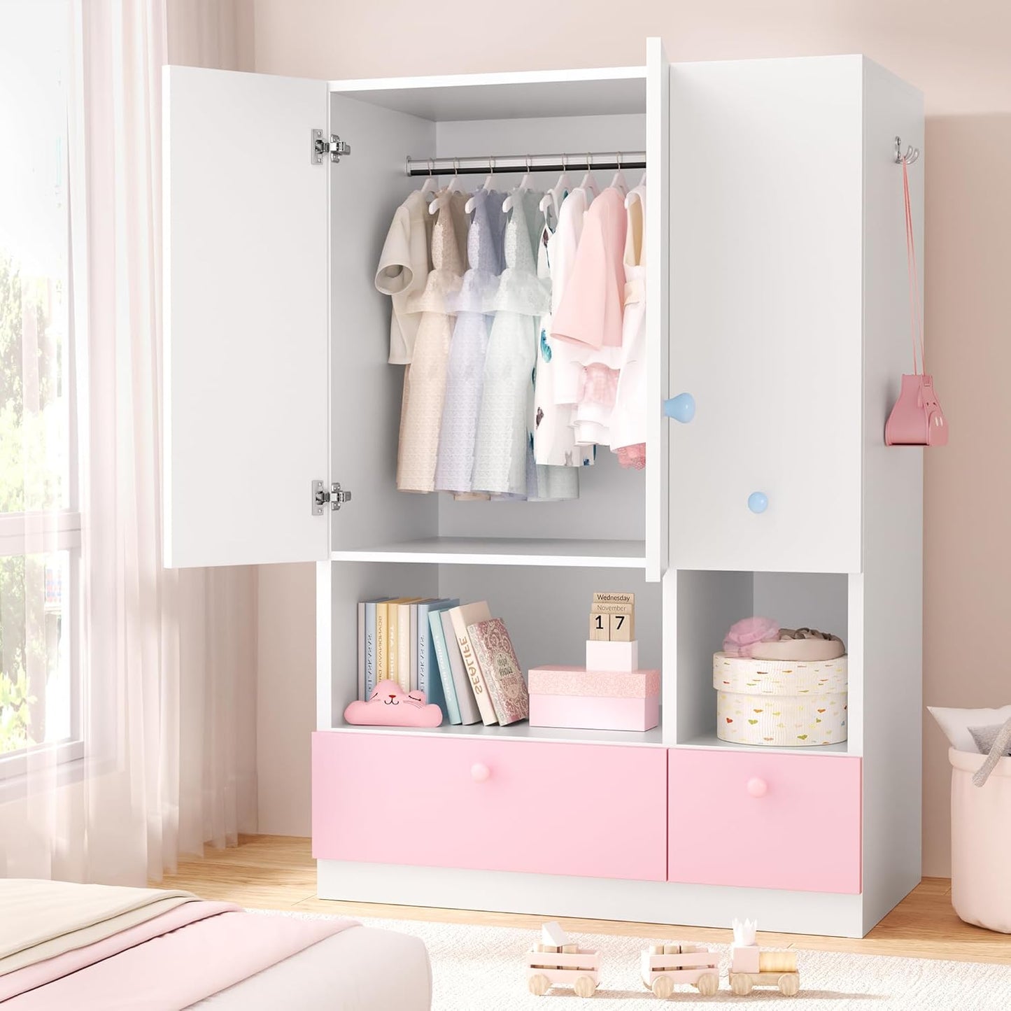 White Armoire Wardrobe Closet with Adjustable Storage Shelves and Drawers, Freestanding Wooden Wardrobe Cabinet Closet, Kids Bedroom Armoire with 3 Doors, Hanging Rod, Toy Storage for Kids' Room, Dorm