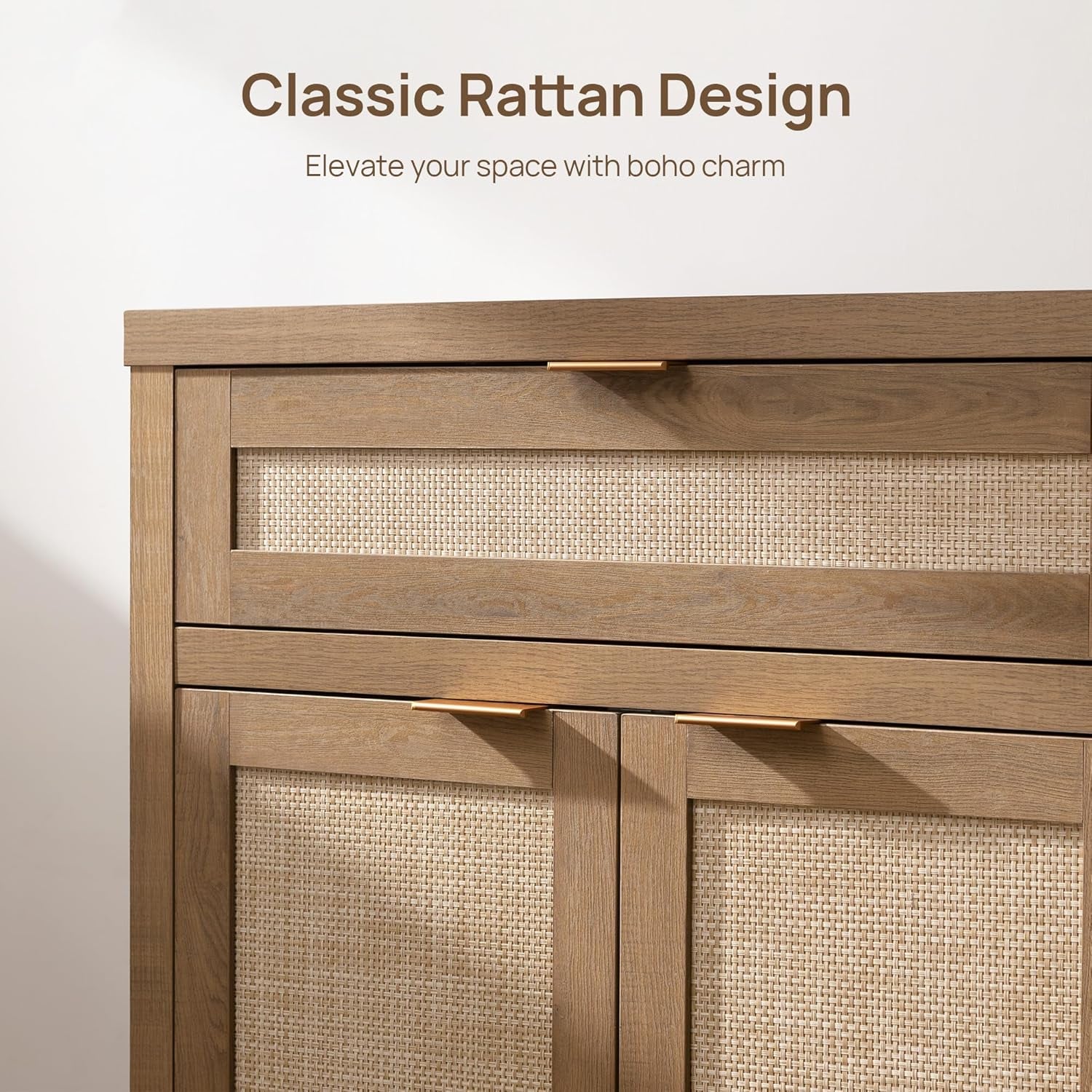 Buffet Cabinet Sideboard with Storage, Rattan Accent Cabinet with Doors Drawer, Boho Credenzas Farmhouse Buffet Table Console Coffee Bar Cabinets for Entryway Living Room, Natural Oak