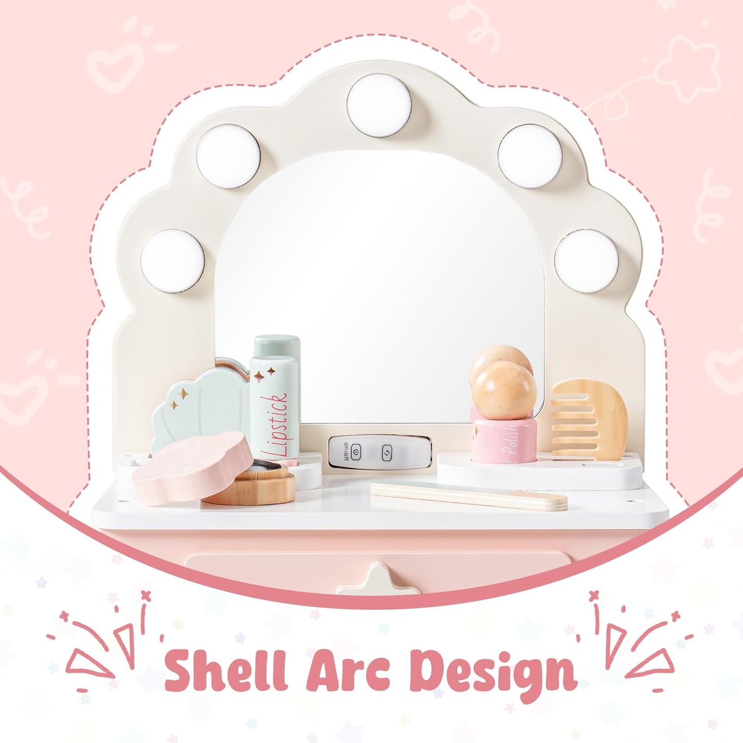 Toddler Vanity Makeup Table Toy with Mirror & Light, Wooden Kids Makeup Vanity Set, Dressing Table with Accessories and Lights, Pretend Makeup Set for Little Girls