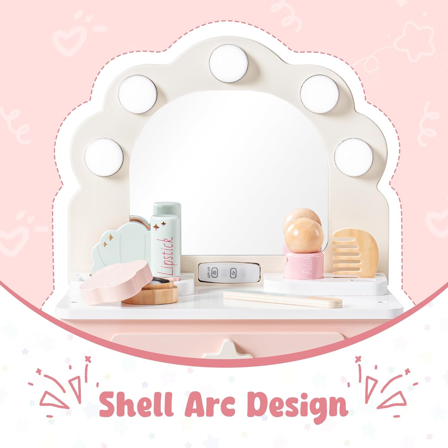 Toddler Vanity Makeup Table Toy with Mirror & Light, Wooden Kids Makeup Vanity Set, Dressing Table with Accessories and Lights, Pretend Makeup Set for Little Girls