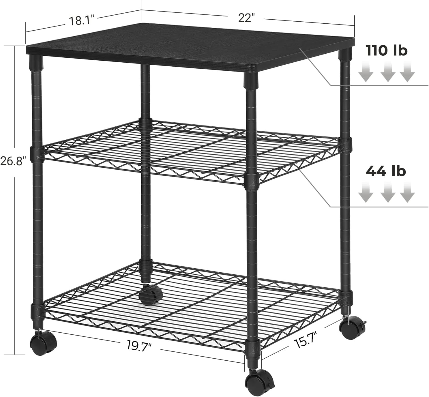 3 Tier Wide Printer Stand, Printer Table with Wheels, Rolling Printer Cart, Printer Desk with Metal Frame for Home Office, 22 X 18.1 X 26.8 Inches, Black ULGR32BK