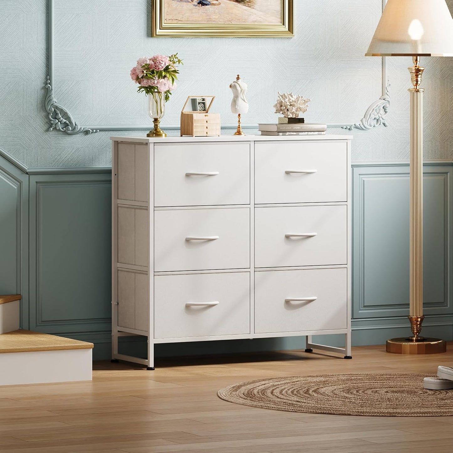 White Dresser for Bedroom, 6 Drawer Double Dresser, Fabric Storage Tower with Fabric Bins, Chest of Drawers for Closet, Living Room, Hallway