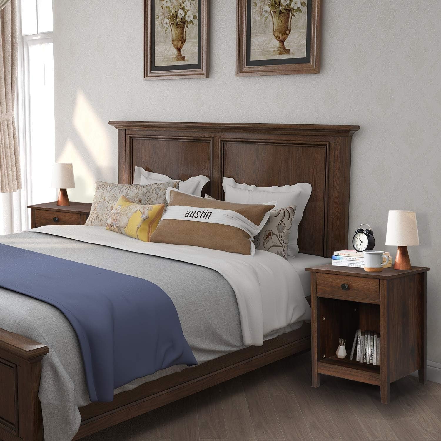 Bedroom Nightstands - Set of 2 Wooden Night Stands with Drawer for Home Bedside End Table Large Storage Furniture, Brown Wood Grain 18.11 in X 15.75 in X 23.62 In