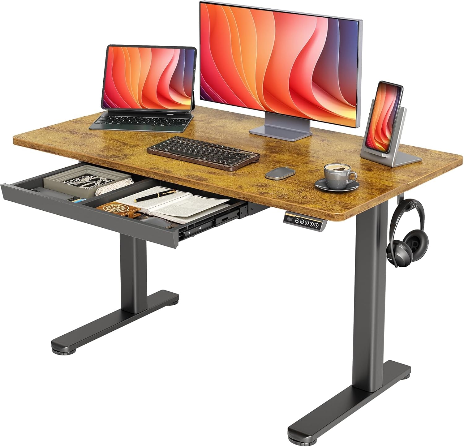 Standing Desk with Drawers, Electric Adjustable Height 48 X 24 Inch Stand up Desks for Home Office, Rustic Brown