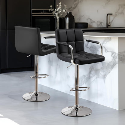 Bar Stools Set of 2, PU Leather Adjustable Swivel Barstools, Hydraulic Kitchen Counter Height Bar Chairs with Armrest and Back for Kitchen, Dining Room, Black