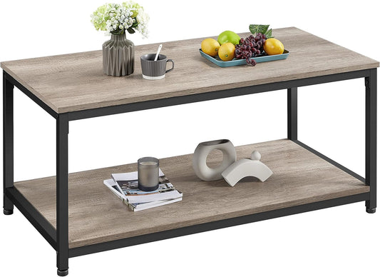 39.5" 2-Tier Coffee Table with Storage Shelve, Industrial Gray Coffee Table, Easy Assembly, Wooden Center Tables for Living Room & Small Space, Gray
