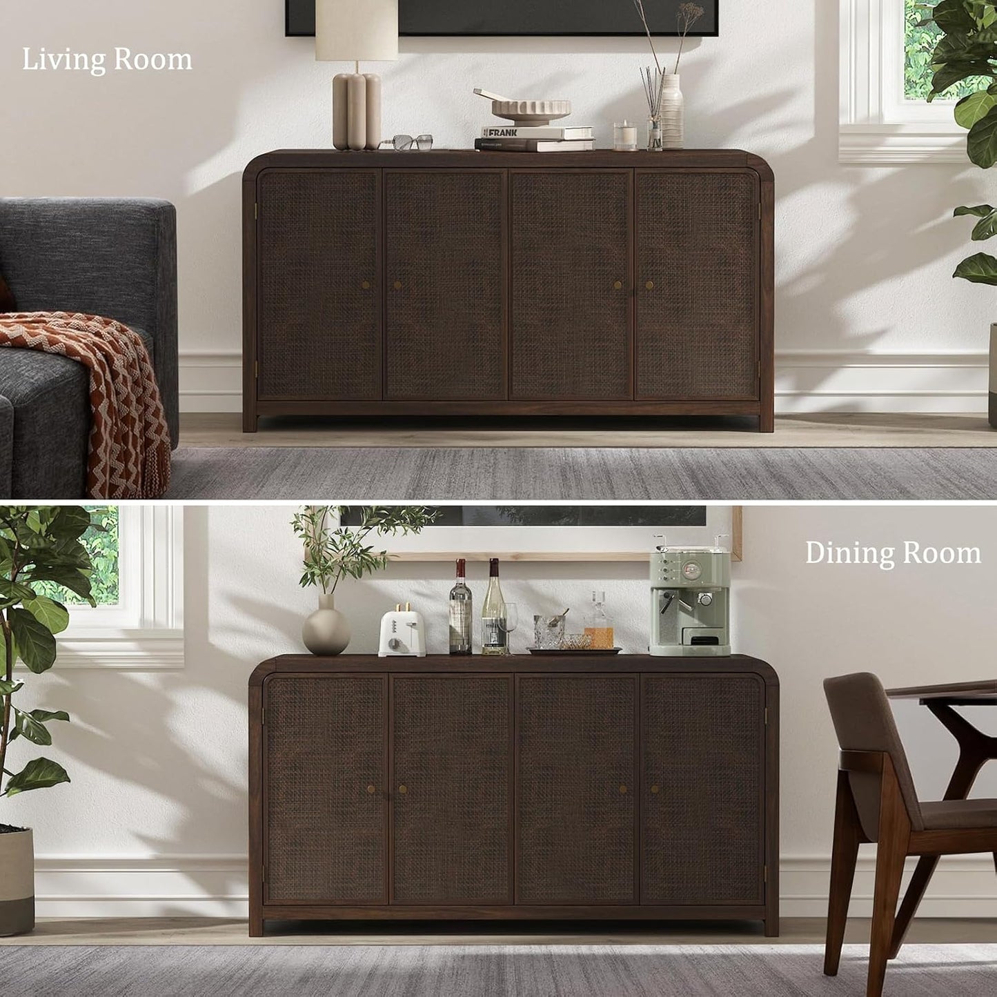 Oak Sideboard Buffet Cabinet with Storage, 60'' Boho Buffets & Sideboards with Adjustable Shelves, Rattan Sideboard Cabinet with 4 Doors for Living Room, Hallway & Kitchen