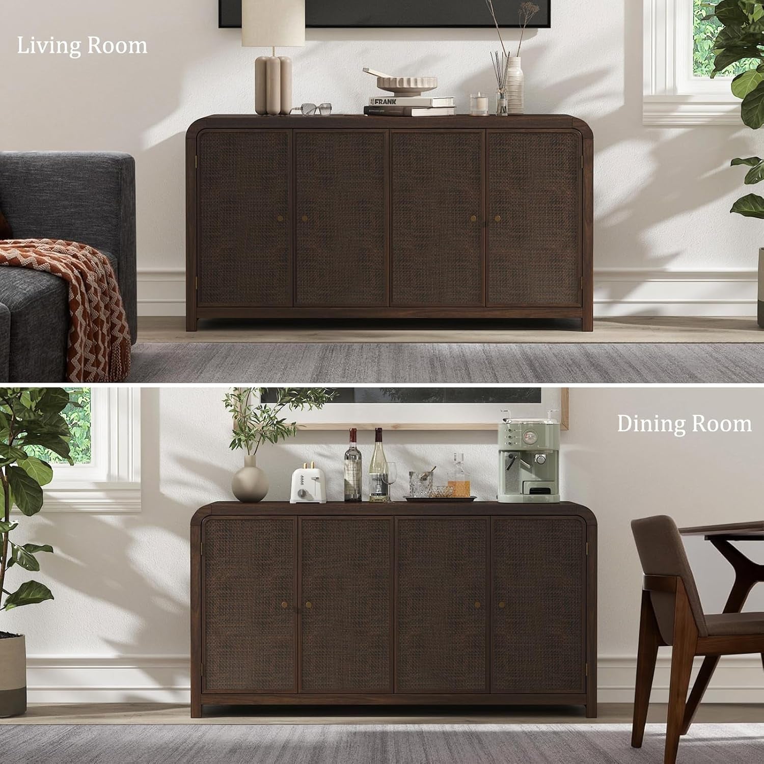 Oak Sideboard Buffet Cabinet with Storage, 60'' Boho Buffets & Sideboards with Adjustable Shelves, Rattan Sideboard Cabinet with 4 Doors for Living Room, Hallway & Kitchen