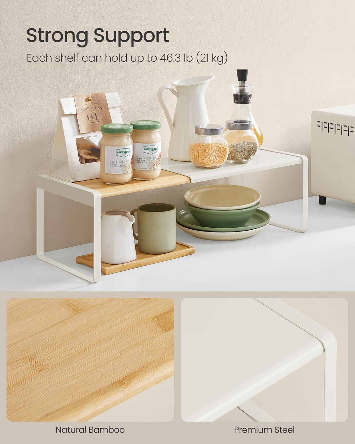 HOME Spice Racks, Expandable Cupboard Shelf Orgnizers, Kitchen Counter Shelves, Bamboo and Metal, Space-Saving Shelving, Stackable, Light Bamboo and Cream White UKCS051N01