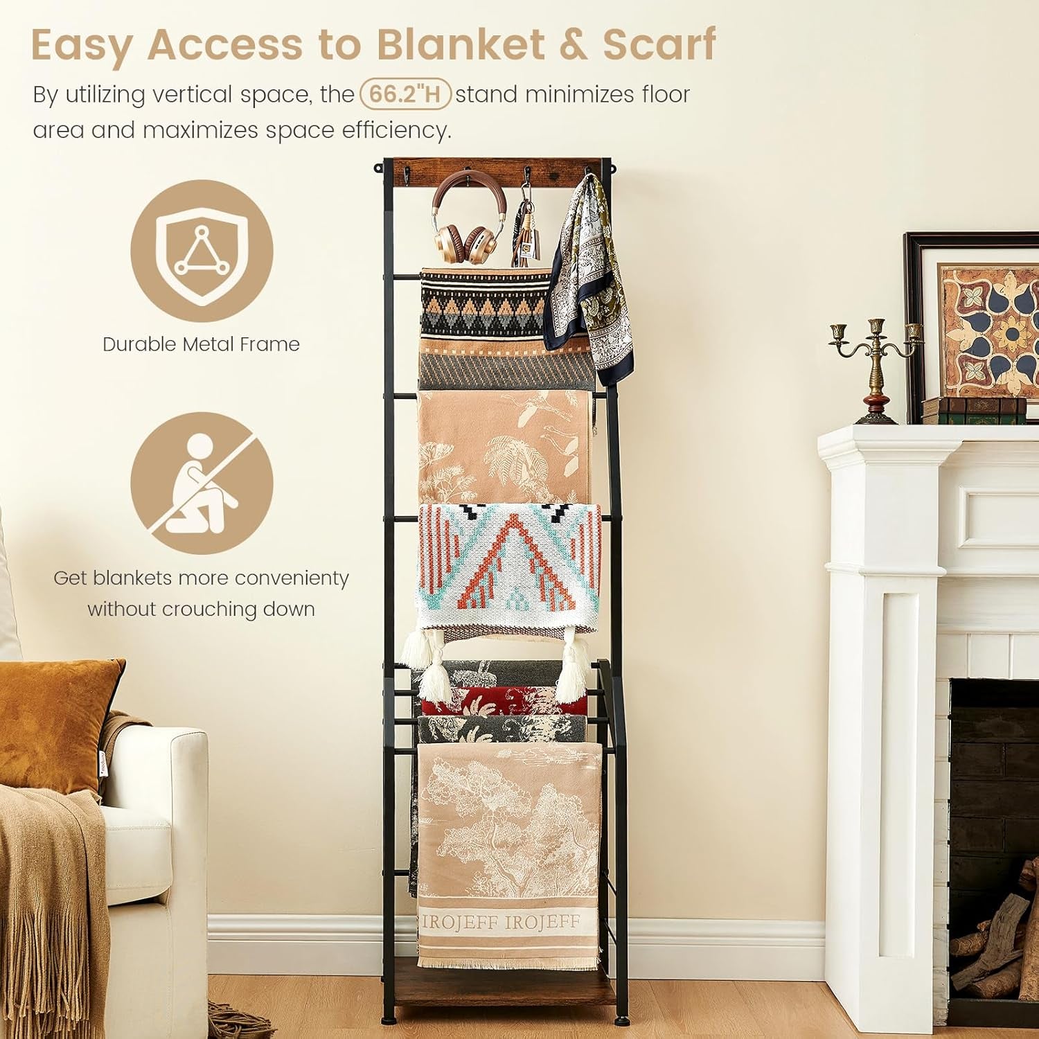 Blanket Ladder, 7 Tier Wooden Ladder Shelf with Hooks, 5.5Ft Blanket Holder Rack Farmhouse Ladder Rack for Storage and Home Decor, Rustic Brown and Black