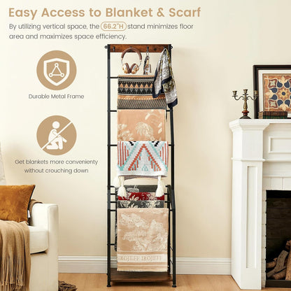 Blanket Ladder, 7 Tier Wooden Ladder Shelf with Hooks, 5.5Ft Blanket Holder Rack Farmhouse Ladder Rack for Storage and Home Decor, Rustic Brown and Black