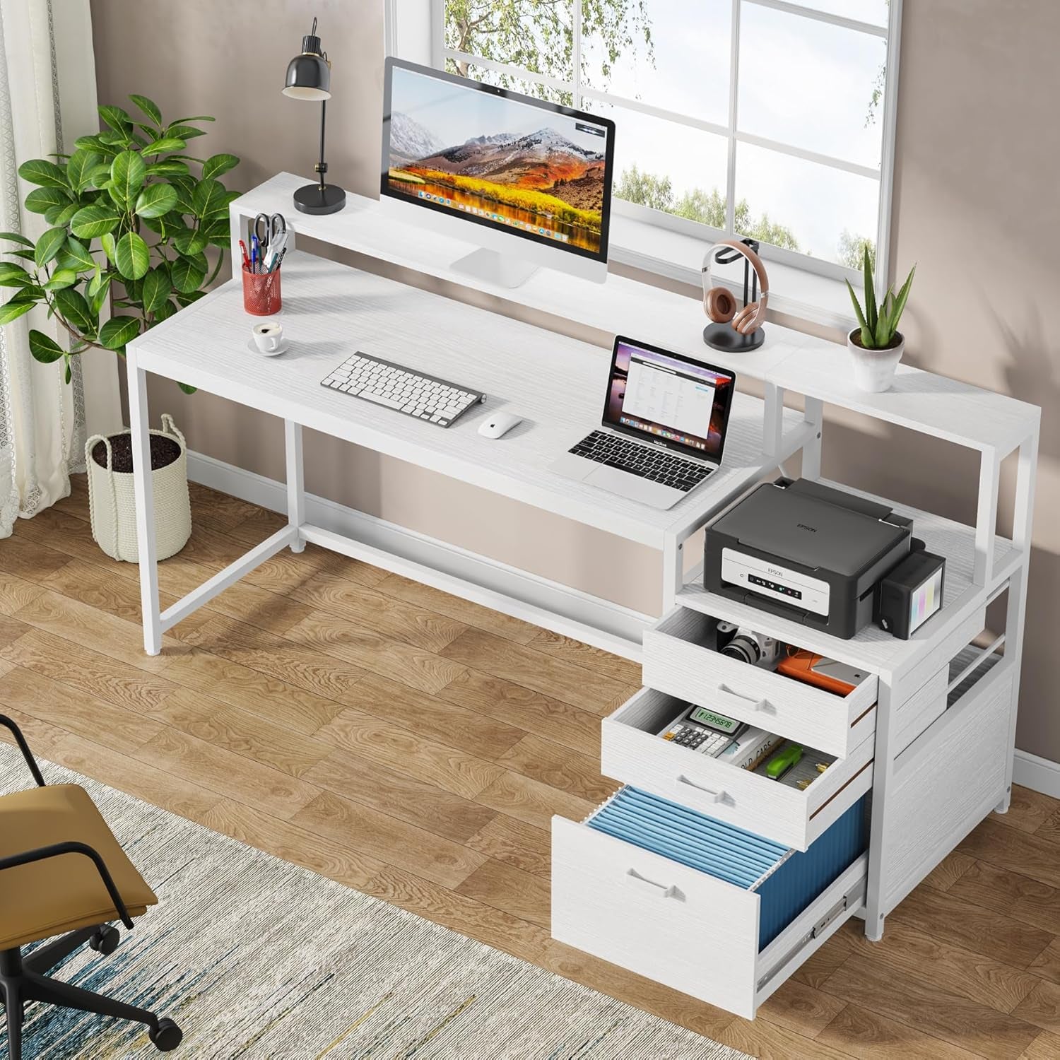 63 Inch Computer Desk with File Drawer Cabinet, Ergonomic Office Desk with Monitor Stand, Computer Table with Printer Space, Wood PC Table Workstation Desk for Home Office, White